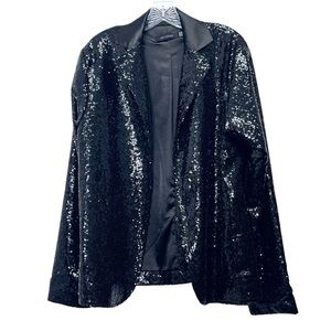 John Eshaya Black Sequin Open Front Notch Collar Blazer Jacket Party Festive M/L